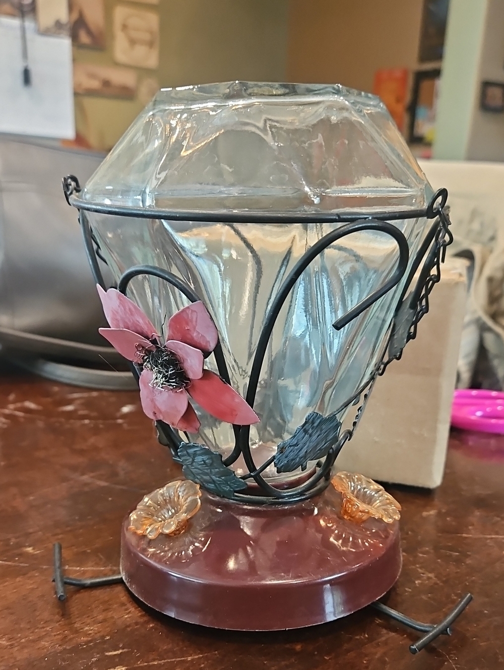 Decorative Pink Floral Glass Hummingbird Feeder - Home Accents